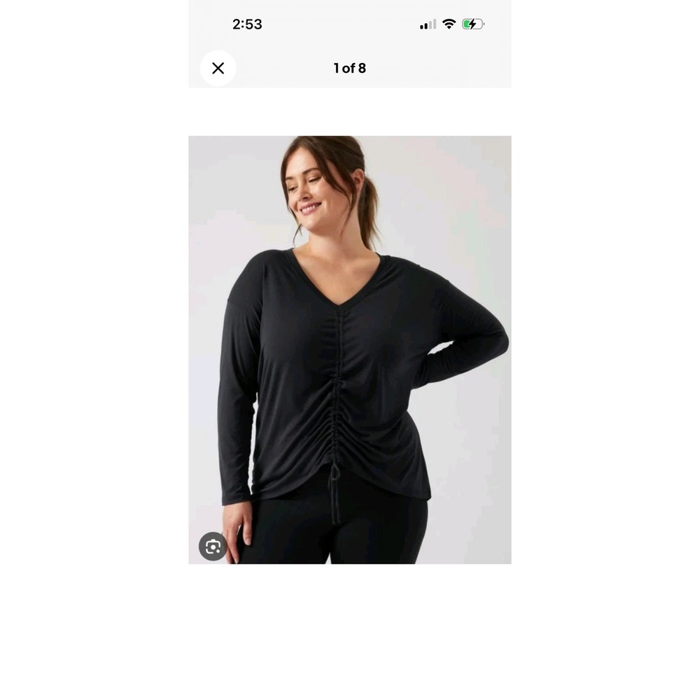 Athleta Crossover Ruched Top‎ Black V-Neck Long Sleeve Adjustable Cinch Large
